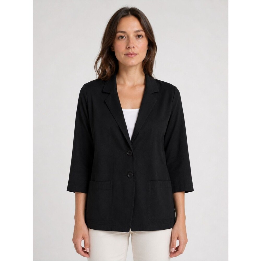 Eileen Fisher Silk Black Casual Blazer 3/4 Sleeve Jacket Classic Timeless